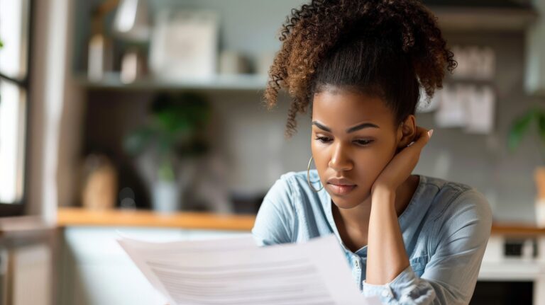 Desapropriação: a imagem mostra uma mulher jovem e concentrada analisando documentos em um ambiente doméstico. Ela parece estar absorvida no conteúdo, com expressão séria e levemente preocupada, o que transmite a ideia de reflexão e tomada de decisões importantes. O fundo desfocado sugere que está em sua casa ou em um local informal, reforçando a sensação de introspecção. Essa cena é ideal para ilustrar temas como despropriação, processos legais ou decisões críticas que envolvem propriedade ou direitos pessoais.