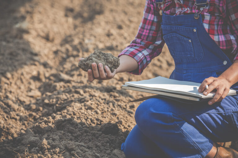 Uma mulher vestindo um macacão azul e camisa xadrez está ajoelhada em um campo agrícola, segurando um pedaço de terra enquanto faz anotações em um caderno. A imagem destaca o trabalho de pesquisa do solo em ambientes rurais. Encontraram minério.